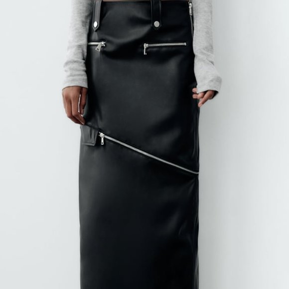 NWT 2 IN 1 DETACHABLE FAUX LEATHER MIDI BLACK SKIRT - Picture 5 of 15